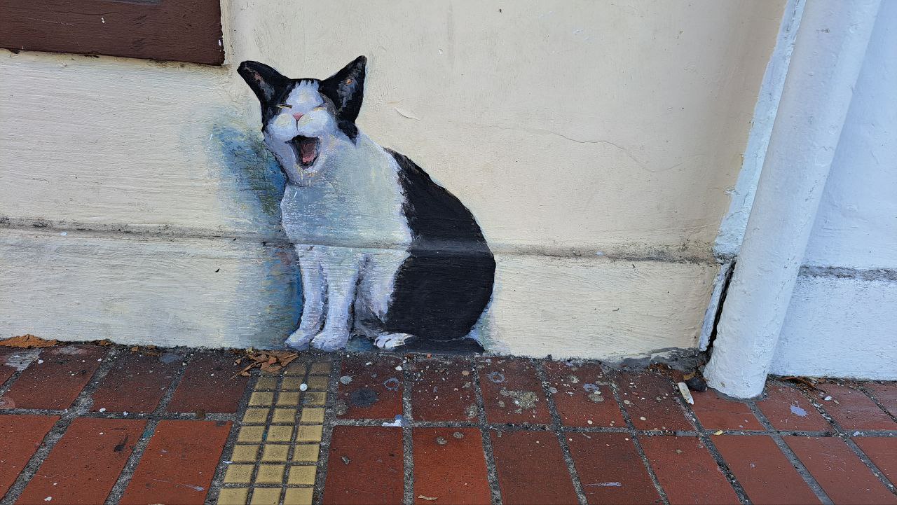 a black and white cat painted on a white wall. the cat is looking at the viewer with a mischievous grin, and its tail is curled up. the painting is located on a street corner, and there are bricks on the sidewalk in front of it.