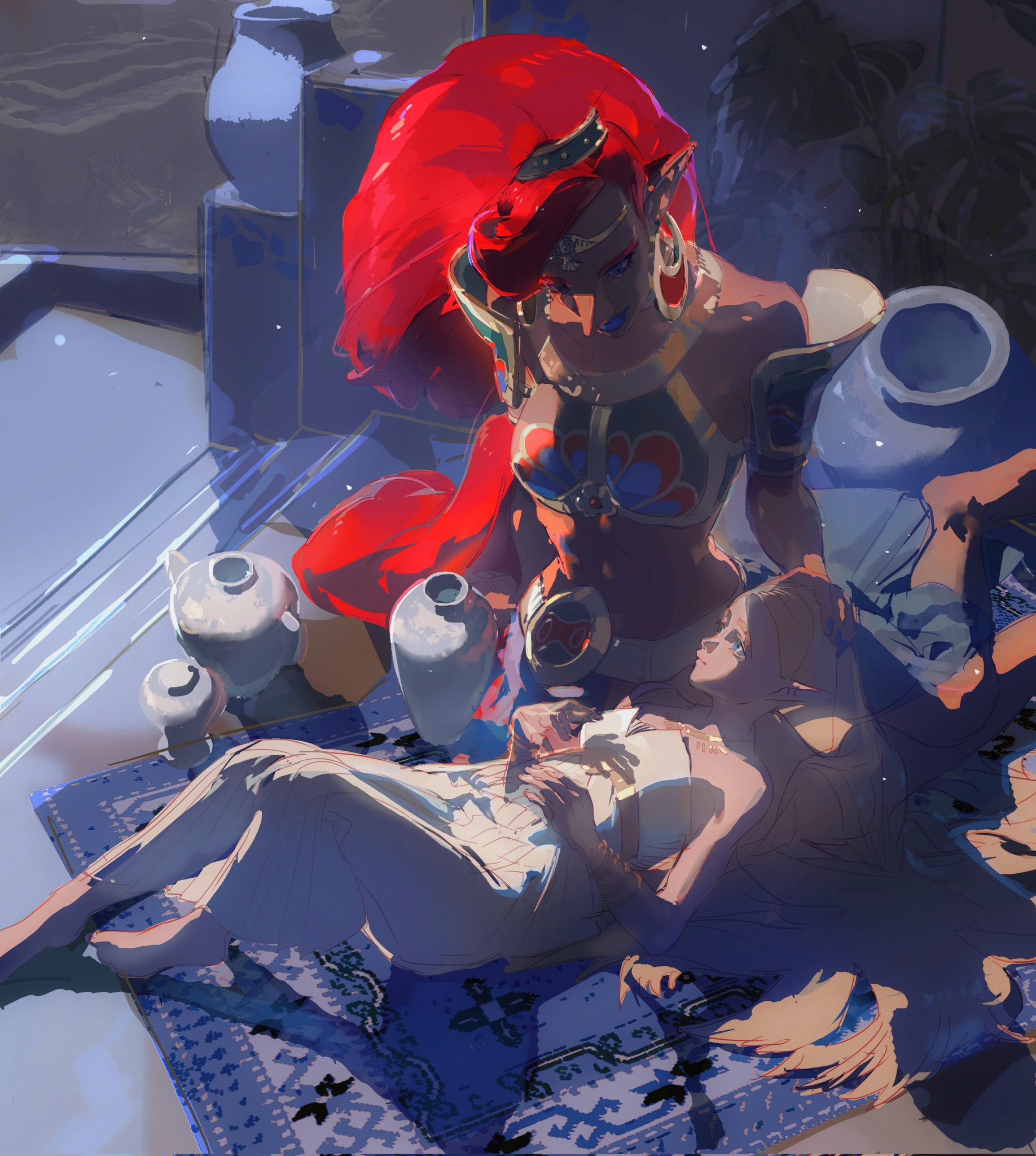 a digital illustration depicting a woman with red hair in an intricate red and blue dress. she is sitting on a colorful rug on a floor with various pottery while another woman lays on the rug in a blue and white dress. the artwork appears to be inspired by the legend of zelda: breath of the wild.