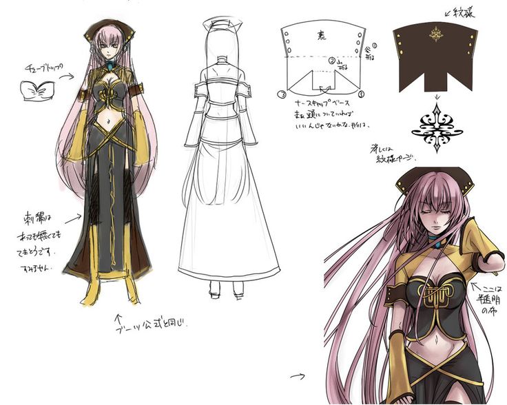 the image shows a character design sheet for an animestyle female character. the design sheet includes several sketches of the character in different poses and views, along with diagrams detailing the costume's construction and ornamentation. annotations in japanese provide additional information about the design elements and materials. the character has long pink hair and is wearing a darkcolored outfit with gold accents. there is a front and back view of the costume as well as close up drawings of the details.