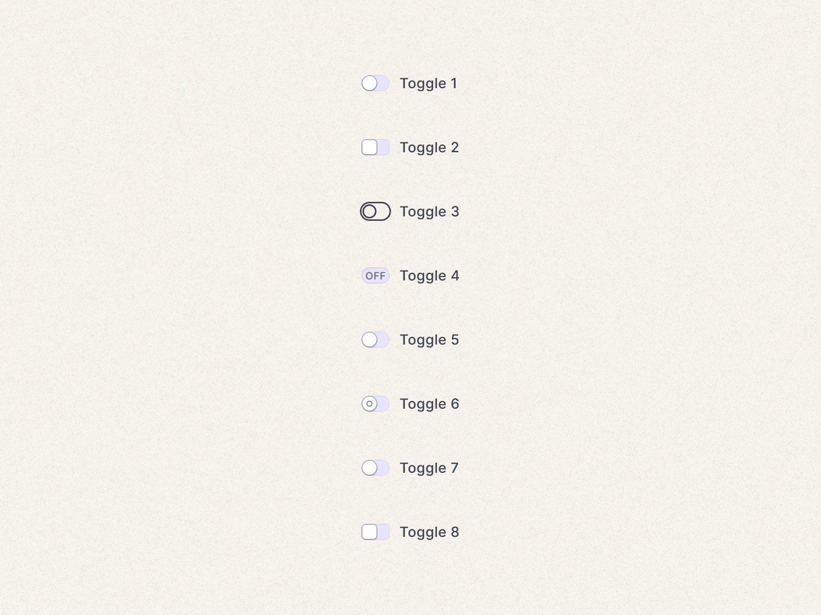 an image of 8 toggles, each with the text "toggle" followed by a number. toggles 3, 4, and 6 are in the "on" state, while the remaining toggles are in the "off" state.