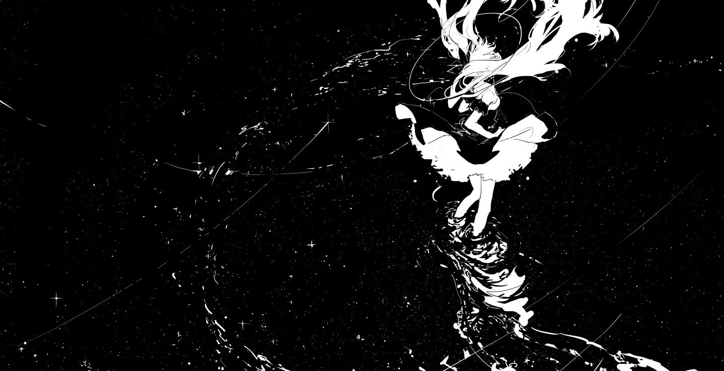 a monochrome image of an anime girl with long hair wearing a dress, standing in water. the background is black with scattered white dots resembling stars.