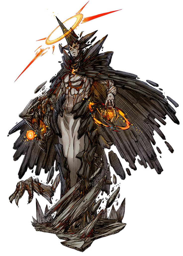 the image is a digital illustration of a fantasy creature. it appears to be a demonic angel with sharp, jagged wings made of stone or rock. it wears a dark robe with a halo above its head. the creature is holding a glowing orb in its hand and its body is composed of broken, jagged stones. the creature has a dark, evil appearance and a powerful presence. the image is highly detailed and stylized, with a focus on abstract shapes and textures. the artist has used a combination of black and white lines with a limited color palette to create an impactful visual effect. the overall impression is one of power and menace.