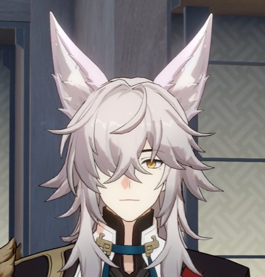 this is a closeup portrait of a male anime character. he has white hair and fox ears with white fur. he's wearing a dark colored outfit with a collar. he has yellow eyes and is looking straight ahead with a serious expression.