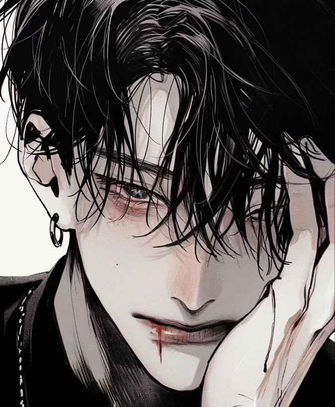 the image is a detailed closeup portrait of an animestyle young man. he has long, dark, slightly messy hair that partially obscures his eyes.  he's wearing a darkcolored garment with visible stitching, suggesting a punk or edgy style.  he has an earring in his left ear.  there's a noticeable streak of blood on his lip and cheek, suggesting injury or violence. his expression is somber and melancholic, with a slight frown and downturned eyes. the overall aesthetic is dark and moody, using a grayscale palette that enhances the somber mood. the style of the art is reminiscent of highquality manga or graphic novel illustrations.