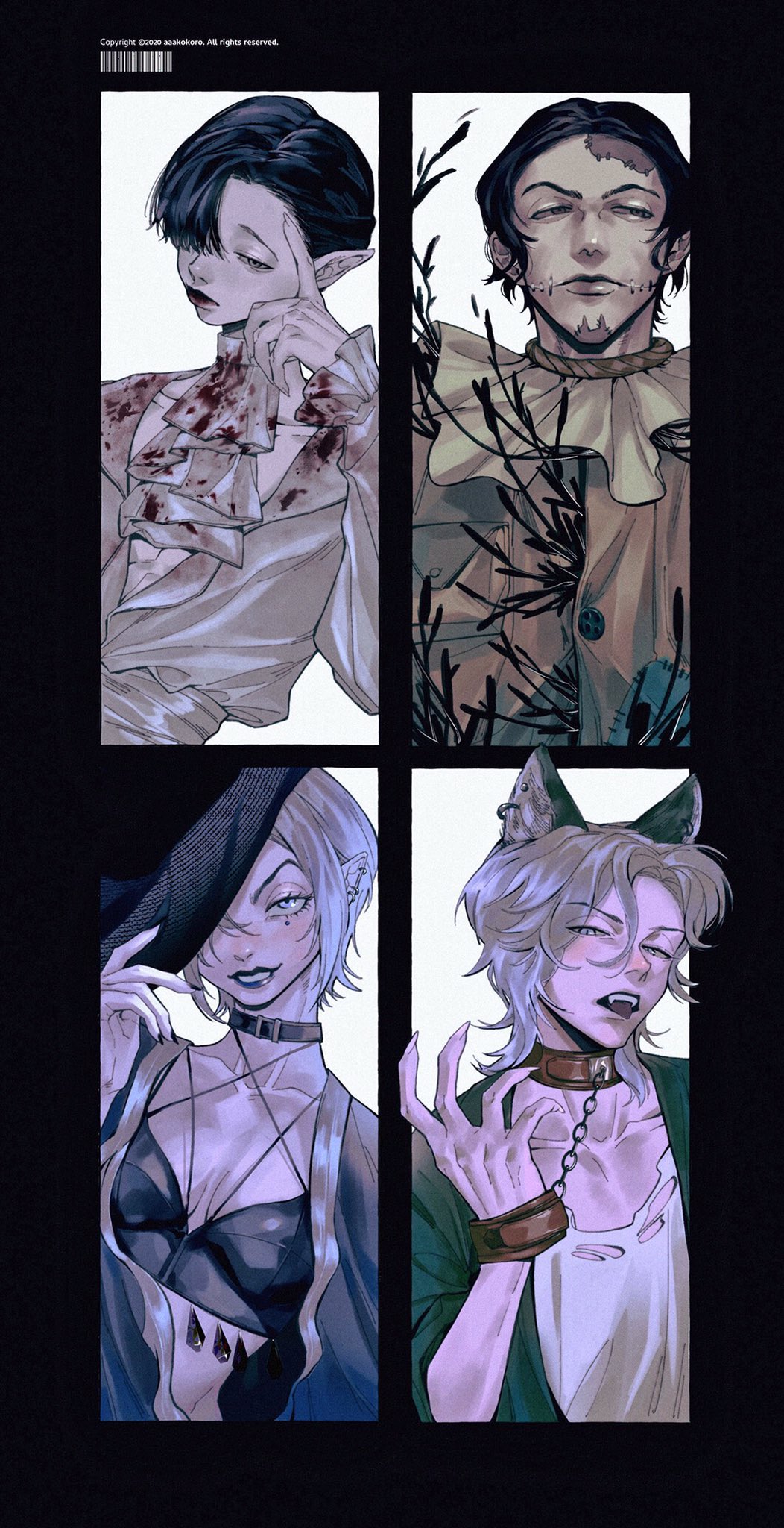 this image is a digital illustration of four anime characters. the top left character is a woman with short black hair and a white blouse. she is wearing a blood stained collar. the top right character is a man with black hair and a brown jacket. he is wearing a necklace and a collar around his neck. the bottom left character is a woman with long blonde hair and a black top. she is wearing a white dress over top. the bottom right character is a man with white hair and a green jacket. he is wearing a white shirt and a necklace with a silver collar. all of the characters are looking at the viewer with expressions of curiosity or annoyance. the backgrounds are all different colors and have lines and textures. the image is drawn in a style that is common in anime and manga.
