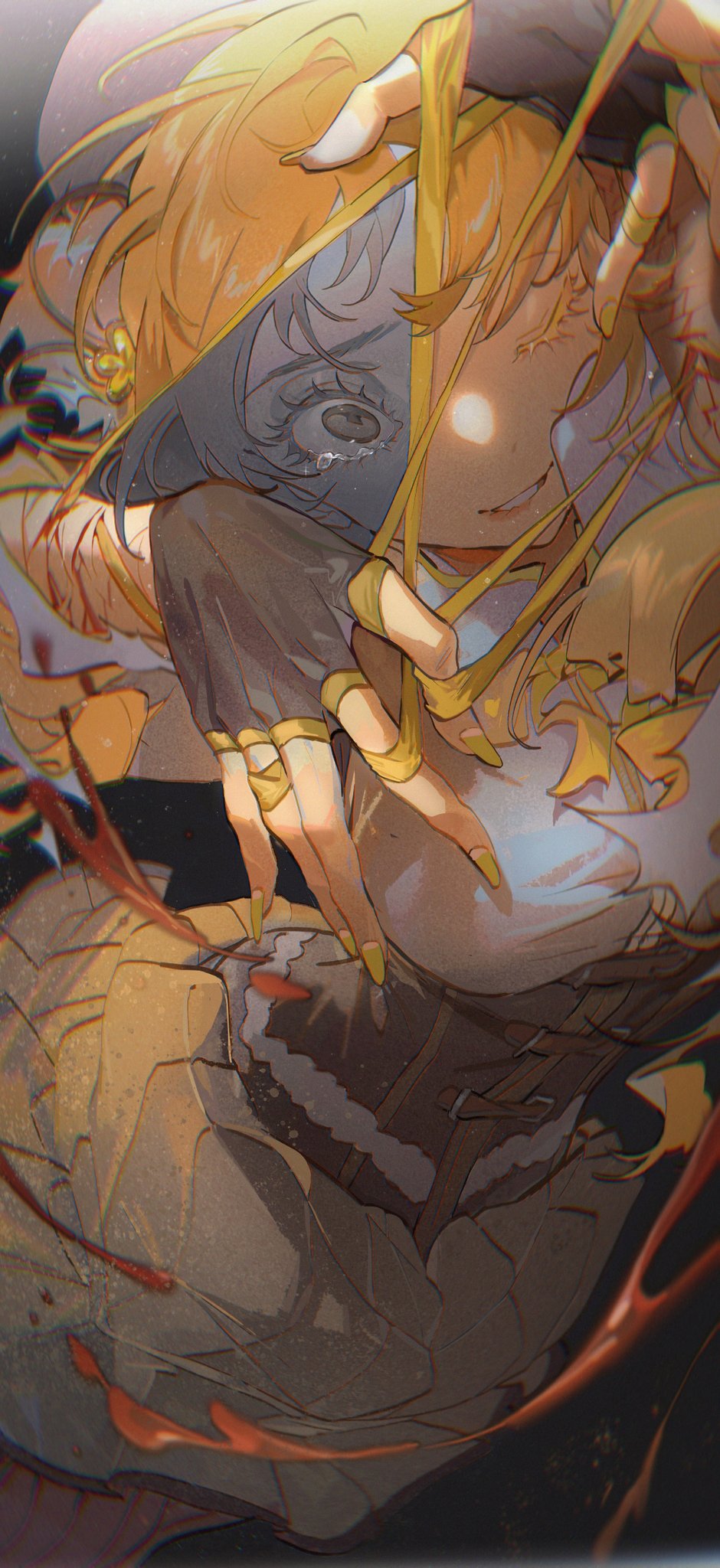 a blonde haired anime girl with red eyes is shown in a bloody fight. her hand is grasping a bloody knife. her eyes are wide with fear and the background is red, suggesting she is in a lot of danger.