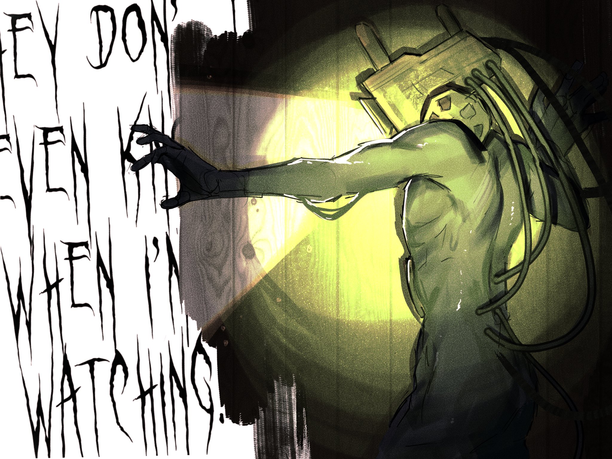 a shadowy figure with a large head and wires emerging from its body stands in front of a door, its hand reaching out to touch a white wall covered in black writing. the writing reads "they don't even know when i'm watching". the creature is lit from behind by a bright yellow light, making its figure appear more menacing.