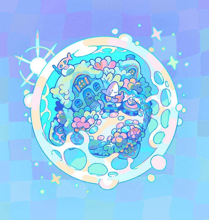 an illustration of a small planetlike moon with a whimsical scene on its surface. a shark sits at a tea party on a table with teacups. there's a house with a fish on top. the moon is surrounded by bubbles, stars, and a shining sun, all against a blue pastel background. the surface of the moon is covered in flowers and oceanlike water.