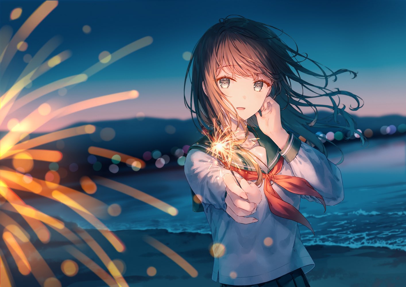 the image is a digital illustration of an anime girl with long brown hair, wearing a sailor school uniform with a red ribbon. she's holding a lit sparkler, and standing on a beach at night. fireworks are visible in the background, adding a magical and romantic atmosphere. the colors are soft and warm, with a focus on the girl and her expression. the overall style is dreamy and evocative of a summer evening.