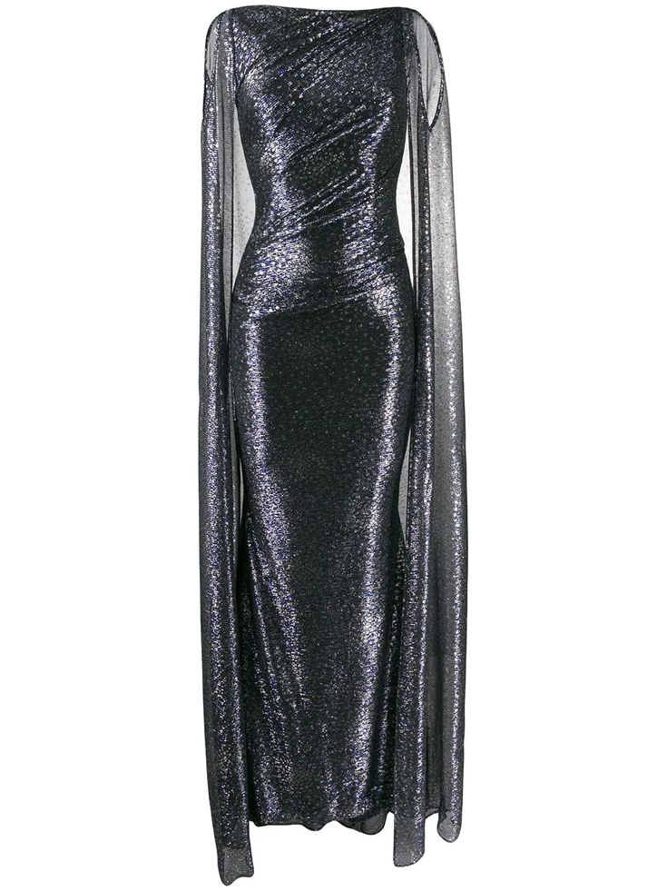 a fulllength image of a shimmering dark metallic sheath dress with long, sheer capelike sleeves. the dress has a slim, formfitting silhouette that extends to the floor. the sleeves are made of a sheer material and are attached at the shoulders. the dress is a formal, eveningstyle garment.