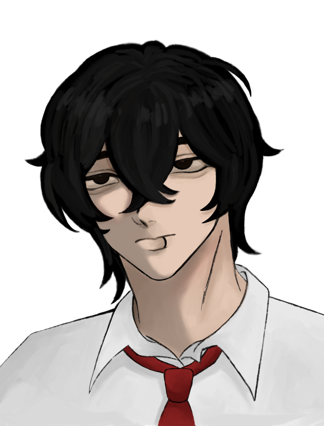 the image is a digital drawing or painting of a young anime or manga style male character. he has dark, somewhat messy black hair that partially obscures his eyes.  he's wearing a crisp white collared shirt and a solid red tie. his expression is serious, almost neutral, with slightly downturned eyes. the style is clean and somewhat stylized, with soft shading and less focus on extreme detail. the background is plain white, keeping the focus entirely on the character.  the overall mood is somewhat somber or contemplative.