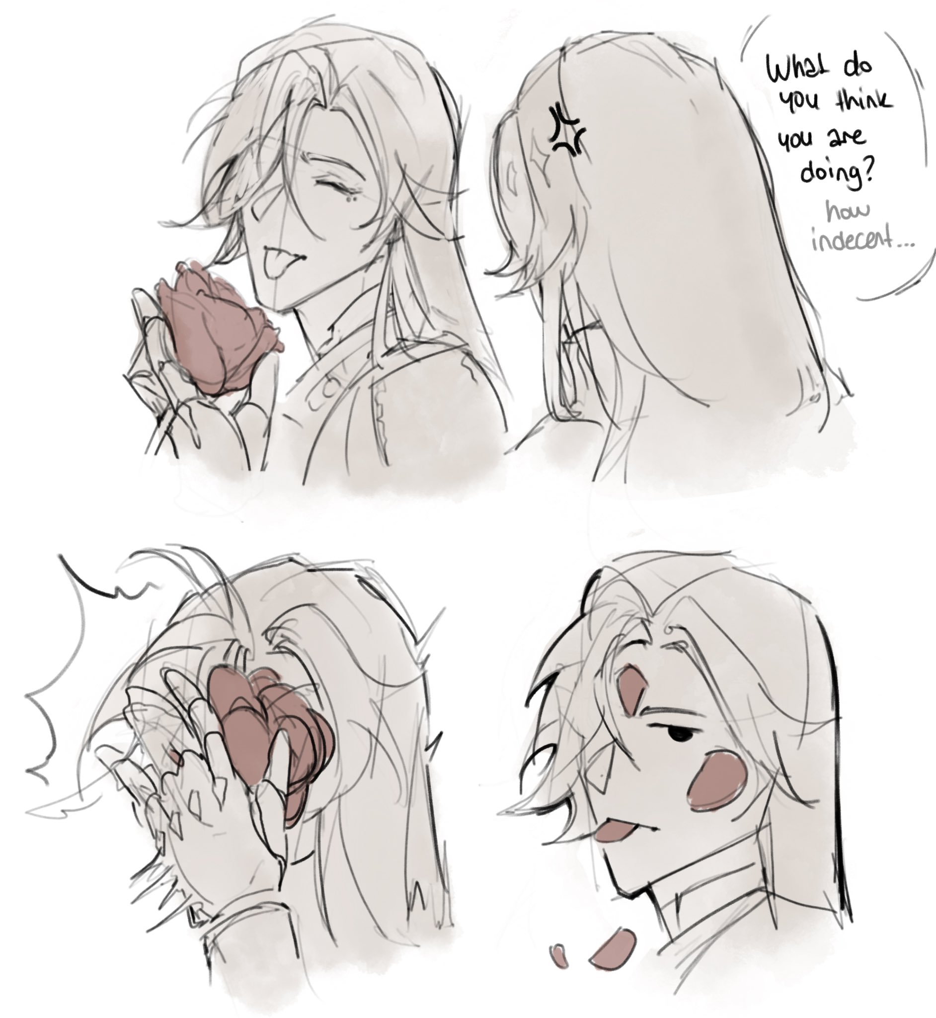 he image contains four panels of a comicstyle drawing. the first panel shows a longhaired boy playfully holding a rose to his lips, with another character reacting with disapproval in the background. the second and third panels depict the same longhaired boy reacting to the other's comment and covering his face. the last panel shows the longhaired boy looking slightly embarrassed.  the overall style is light and sketchy. the dialogue suggests a playful, romantic interaction.