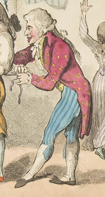a caricature depicts a man in profile wearing a pink coat with gold details, striped blue pants, a white wig, and black shoes. he holds a ribbon in his hands. his legs are slightly bent, suggesting movement. other figures are partially visible in the background.