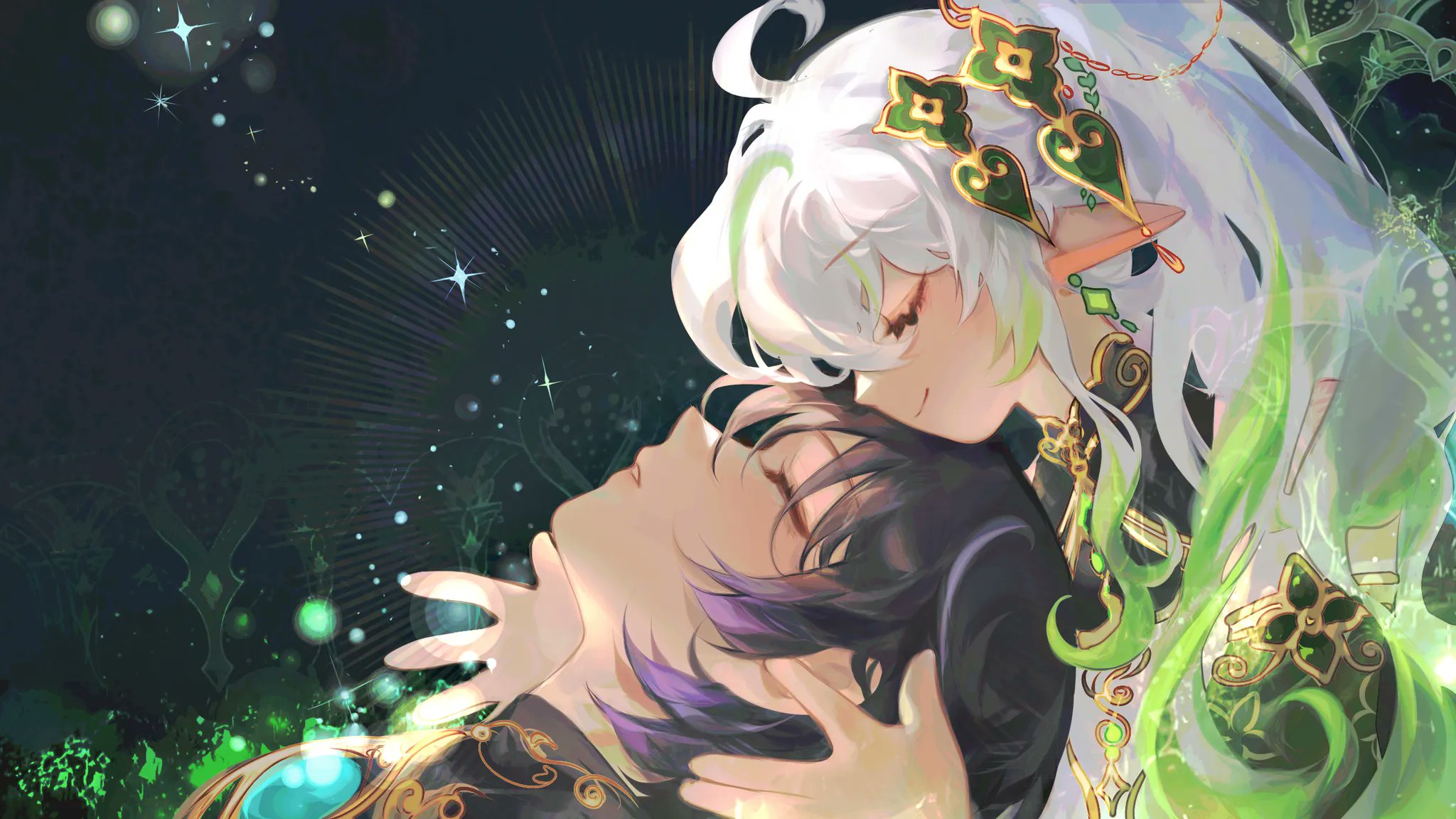 the image is a digital painting depicting a romantic scene between two anime characters. a young woman with long, flowing white and green hair, adorned with elaborate green and gold jewelry, gently leans down to kiss a young man with dark hair and purple highlights.  the man's eyes are closed, and he appears relaxed and content in her embrace. the background is dark and features glowing stars and swirling green magical energy, enhancing the fantasy and romantic atmosphere. the overall style is soft and ethereal, with a focus on delicate details and soft color palettes.