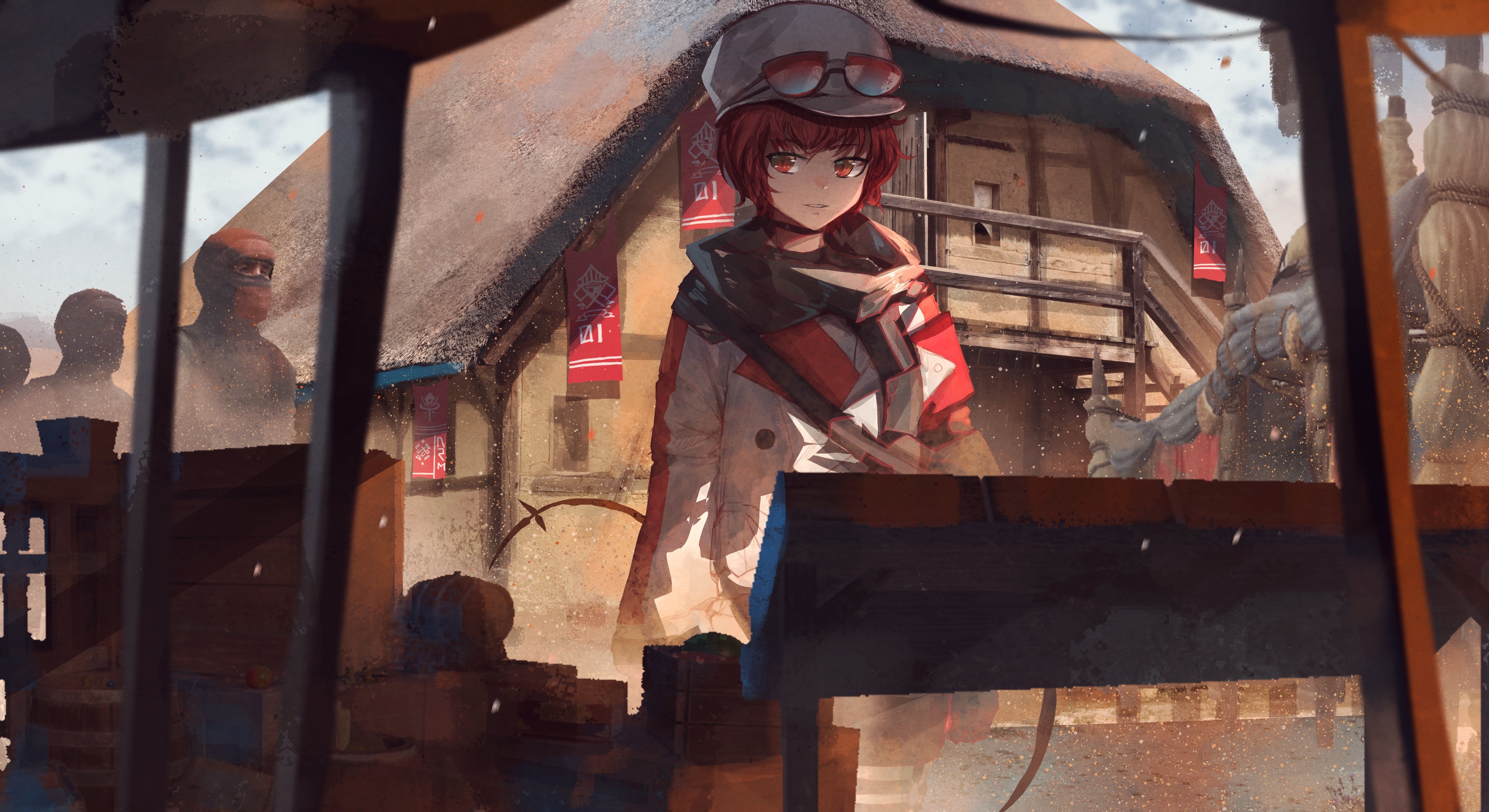 he image is a digital painting of an animestyle girl with red hair, wearing a white coat, cap, and goggles. she's standing in a desert market, in front of a wooden building. there are figures in the background, possibly other people or creatures, and red flags are hanging from the building. the overall style is fantasy, with a sense of dust and sand in the air. the color palette is warm and earthy, with reds, browns, and beige tones predominating. the scene is quite detailed and shows off the artist's skill in digital painting.