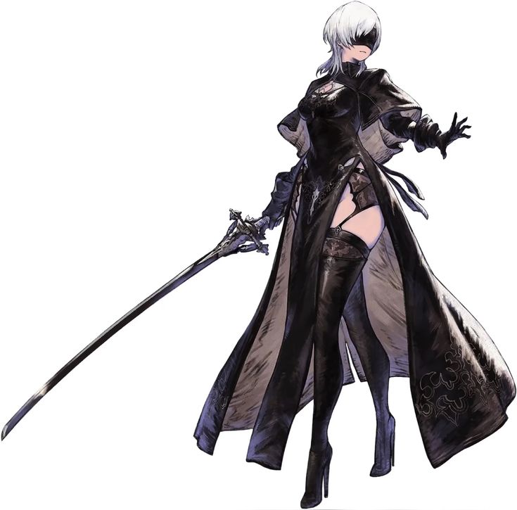a female character in a black dress and thighhigh boots is standing with a sword. she has short white hair and a blindfold. the image seems to be of a video game character.
