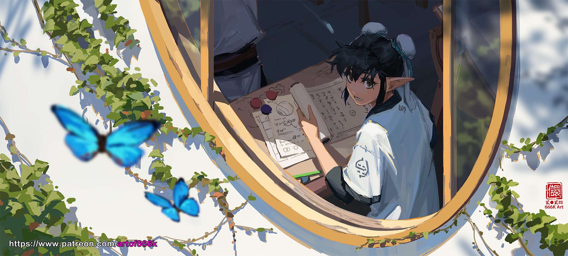 the image is a digital painting featuring a young elf with dark hair and pointed ears. the elf is sitting at a table by an arched window, working on a scroll or document, seemingly taking notes or studying.  they are wearing light, loosefitting clothing, predominantly white. the setting is outdoors, with vines or ivy growing around the window frame, and two blue butterflies are subtly incorporated into the scene. the overall style is reminiscent of anime or manga, with soft lighting and a whimsical, peaceful atmosphere. the artist's signature or watermark "art of 666k" is visible in the bottom right corner.