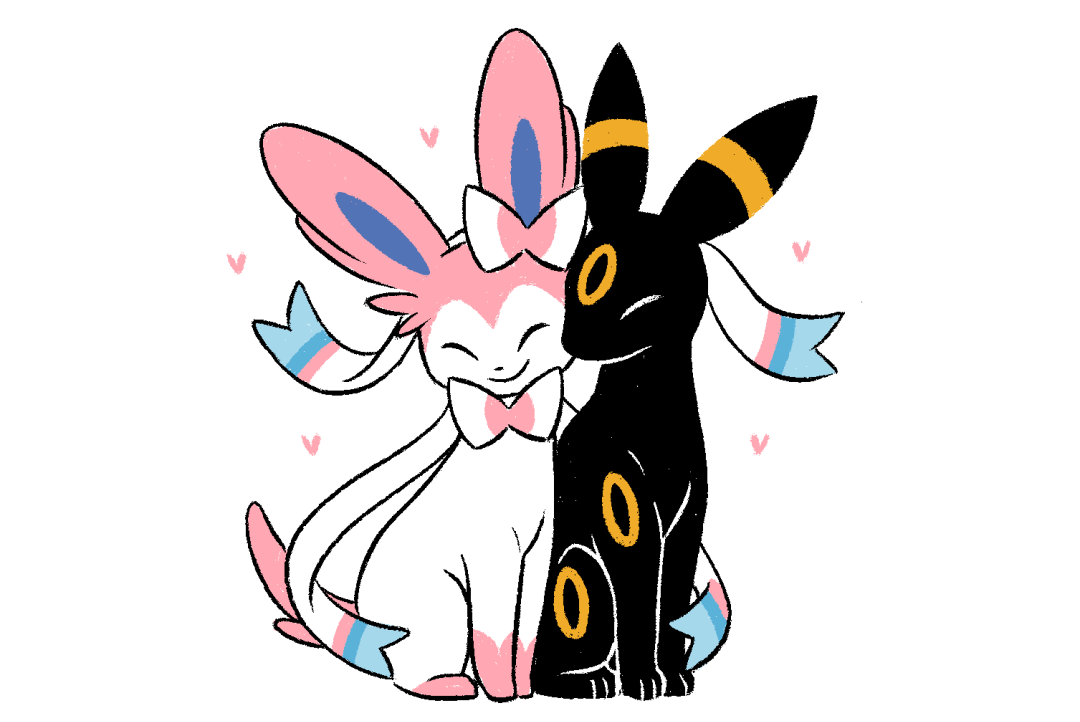 this illustration shows gardevoir and umbreon in a loving embrace. gardevoir is pink and white with blue eyes, while umbreon is black with yellow eyes. they are both smiling and have a small heart above them, suggesting a loving relationship.  they are surrounded by pink hearts, further symbolizing love and affection. the playful cartoon style and bright colors add to the overall charm of the illustration.
