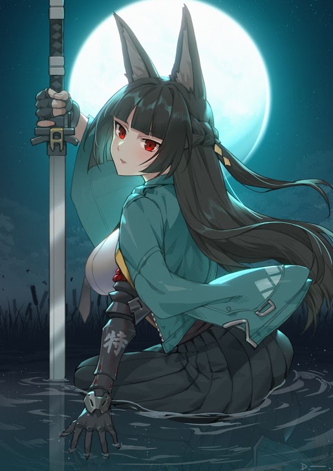 the image shows a female anime character standing in a lake at night. she has long black hair, red eyes, wolf ears and is holding a katana sword. she is wearing a green jacket and black pants, and has gloves on her hands. she is looking forward with a serious and determined expression, and the full moon is shining in the background.  the image is a digital illustration, and it has a fantasy aesthetic.