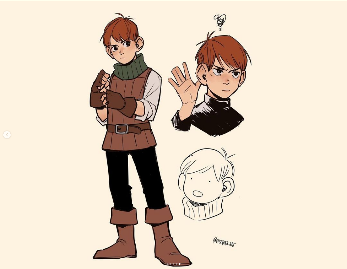 the image showcases a character design of a young boy with short, reddishbrown hair and a determined expression. he's dressed in a simple medievalinspired outfit. the illustration includes a fullbody view, a closeup of his face with a skeptical look, and a chibistyle doodle of him with a surprised expression.