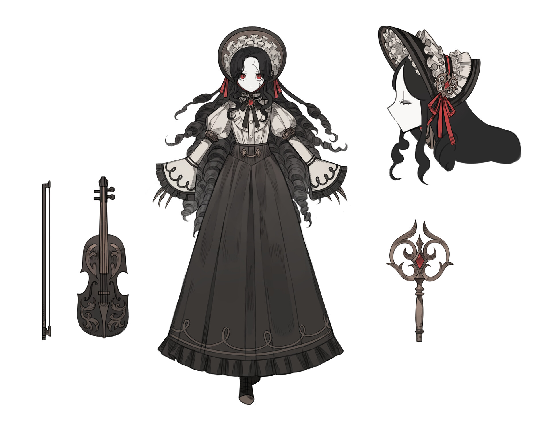 the image showcases the concept art of a female character, possibly from a game or animation. she is depicted in a gothic lolita fashion, wearing a long, flowing black dress with intricate lace details, a matching bonnet, and a red ribbon tied in a bow around her neck. her long, dark hair cascades down her back in loose curls. the character stands against a stark white background, allowing her attire and features to take center stage. she is presented in both front and side profiles, providing a comprehensive view of her design. additionally, the art includes separate illustrations of a violin with ornate carvings and a key with a decorative handle, likely hinting at significant elements related to the character's role or story.