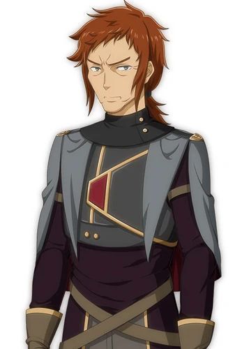 this is a digital art illustration of a male anime character with red hair. he is wearing an armor with black, red, and grey colors. he has black eyes and is staring at the camera with a serious expression. he has a neutral white background.