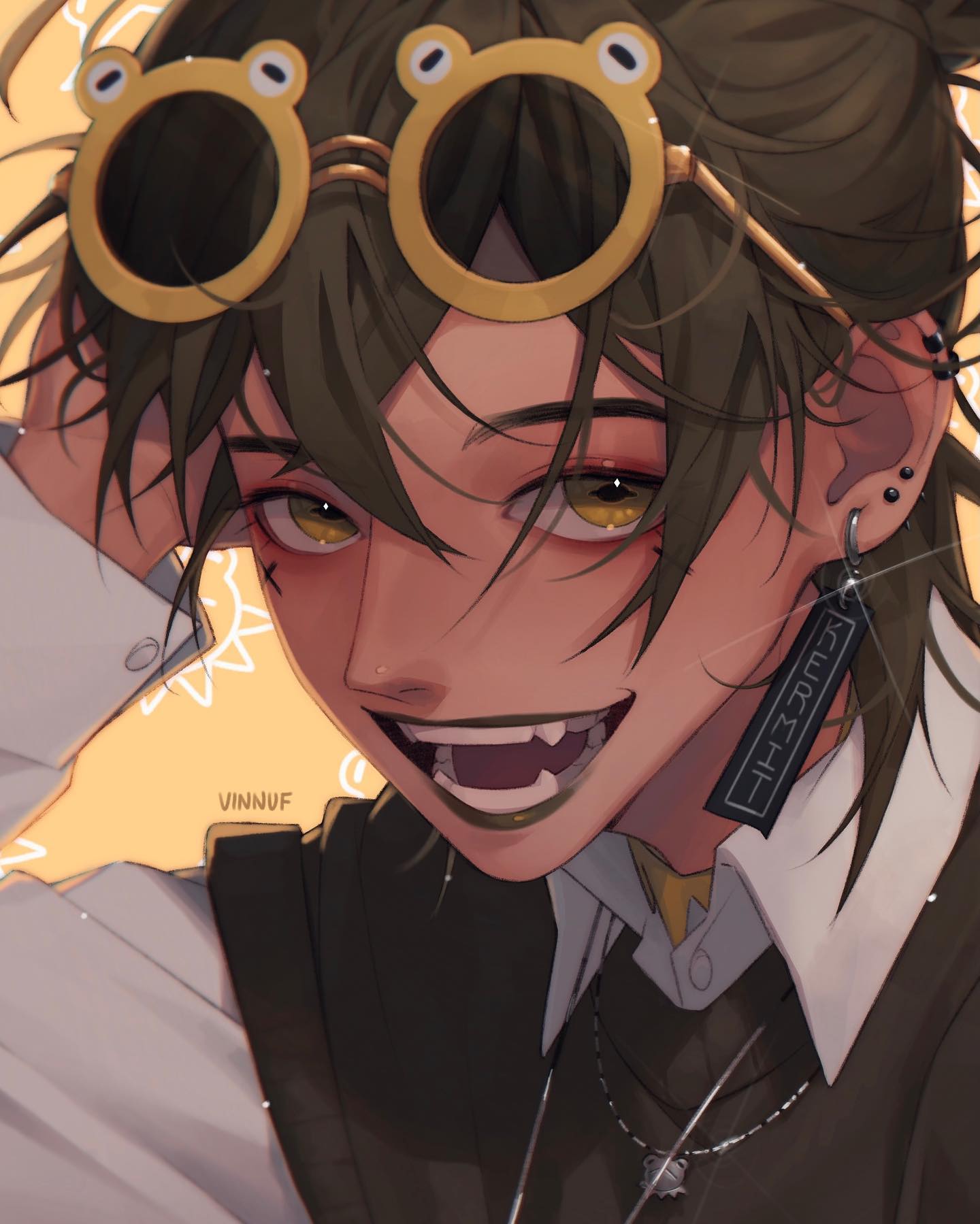 the image is a closeup digital illustration of a young anime/manga style male character. he has dark brown hair styled in a halfupdo, and striking yellow eyes.  he's wearing quirky frogshaped sunglasses, multiple earrings, a darkcolored collared shirt, and a necklace.  his expression is a sharp, mischievous smirk that reveals slightly elongated, fanglike teeth. the style is detailed and vibrant, with a somewhat dark and edgy aesthetic. the background is a simple, slightly textured yellow with faint doodles. the artist's signature, "vinnuf," is visible in the image.