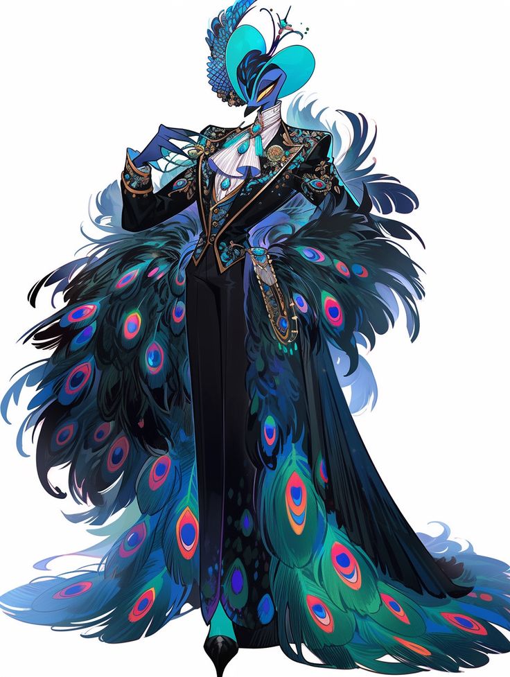 a digitally drawn illustration of a male peacock character wearing a black tuxedo with a teal and green peacock feather train and a blue, green, and black mask. the character is standing in a dramatic pose with one hand on their hip and one hand resting on the edge of their train. the image is stylized with a vivid color palette and bold outlines.  the background is white.