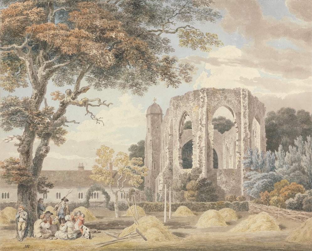 a watercolor painting depicts a landscape featuring the ruins of an abbey. a large tree with dense foliage stands on the left side of the image, framing a group of figures gathered beneath its branches. behind them is a white building with arched windows. to the right, the crumbling stone ruins of the abbey rise, with arches and windows open to the sky. haystacks are scattered across the field in front of the ruins. in the background, trees and vegetation add depth to the scene. the sky is partly cloudy. the overall impression is a peaceful, pastoral scene with a sense of history and decay.