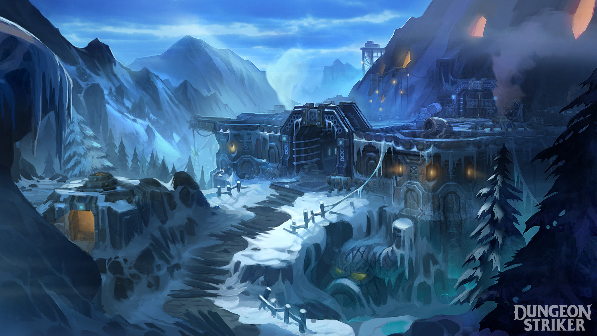 the image showcases a mystical, icy fortress nestled amidst a snowy mountain range. lit by the cool glow of moonlight and accented with warm, inviting lights from within, the scene evokes a sense of both beauty and foreboding. the viewer's eye is drawn along a snowdusted path towards the fortress's imposing entrance, hinting at the adventures that lie beyond.