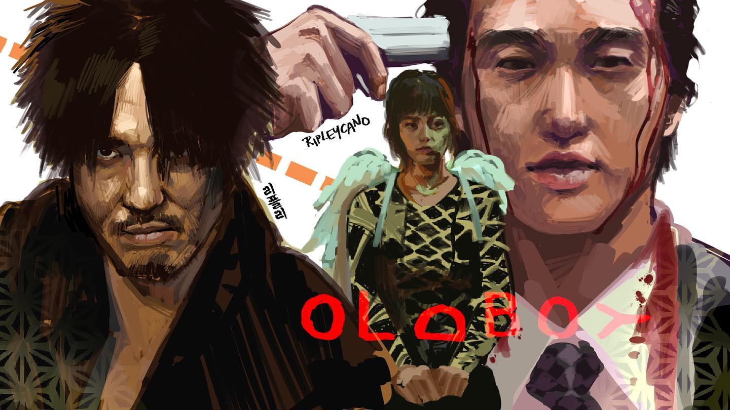 this is a digital art piece depicting three characters in a cyberpunk setting. the first character on the left is a man with long black hair, a serious expression, and a dark shirt with a patterned design. he's holding a gun with his hand stretched out in front of him. the second character in the center is a woman with long black hair, wearing a patterned white shirt with angel wings, her expression is sad and she looks worried. the third character on the right is a man wearing a white shirt with a patterned tie and blood dripping down his face, he has a serious and worrisome expression. the background is filled with shades of orange and white.