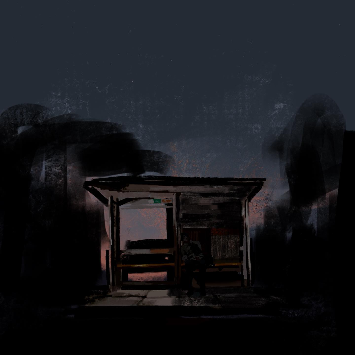 a dimly lit painting of a bus stop at night. an solitary figure sits on a bench inside the bus stop, shrouded in shadow. the scene is dark and atmospheric, with a limited color palette of blues, grays, and browns. the brushstrokes are loose and expressive, creating a sense of movement and energy. the overall effect is one of loneliness and isolation.