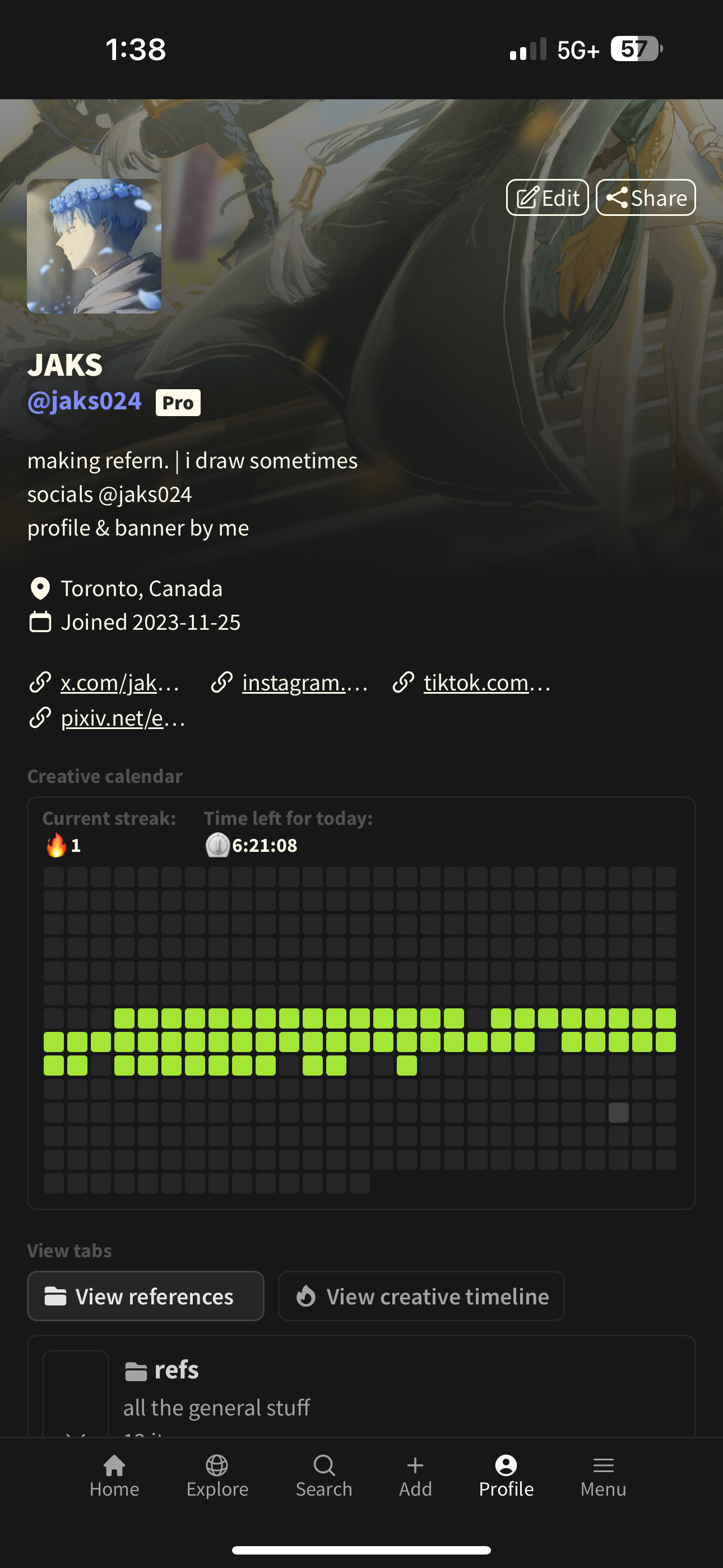 this is a screenshot of an artist's profile on a social media platform, showcasing their artwork, biography, creative calendar, and social media links.