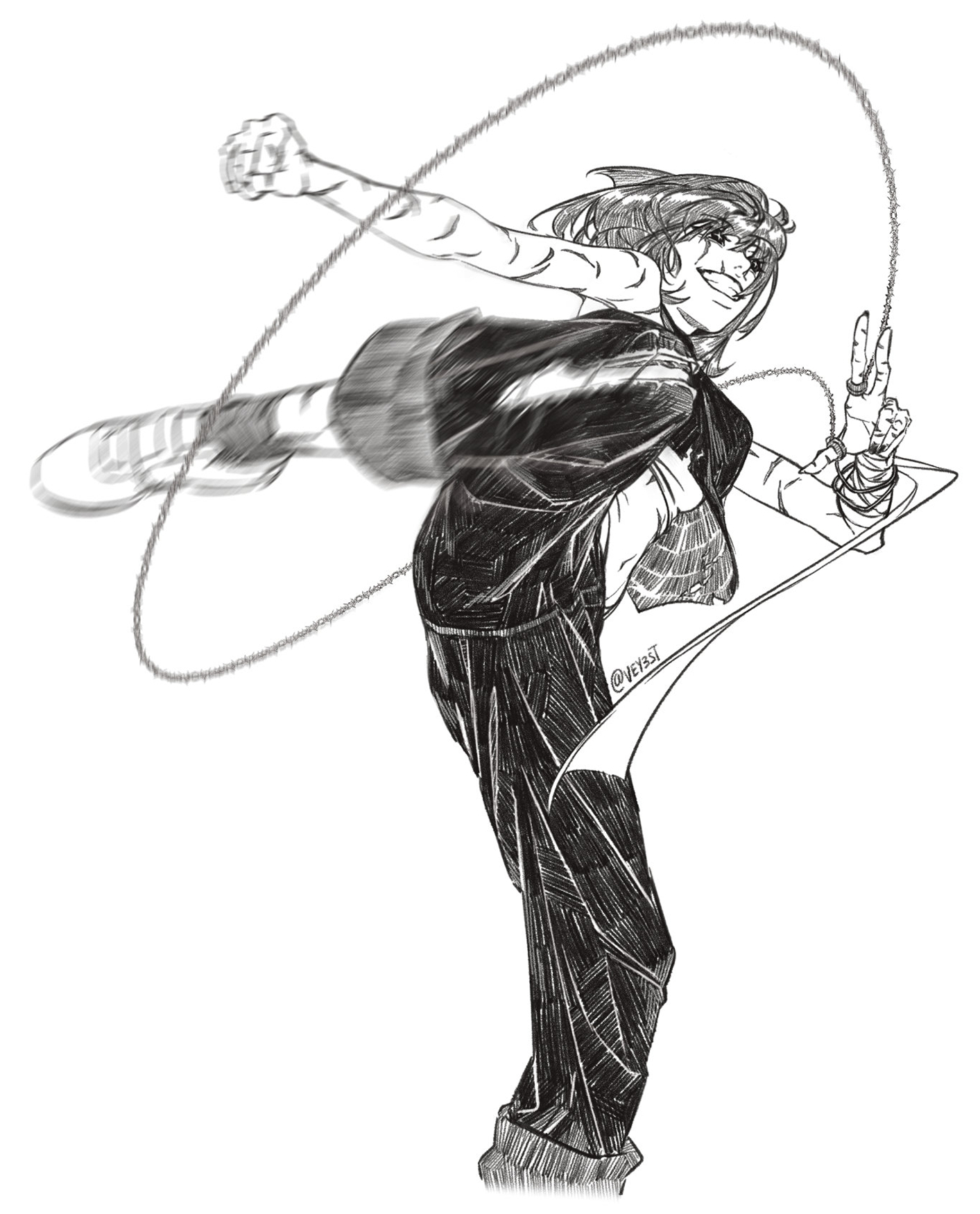 the image is a black and white drawing of a male anime character in an action pose. he is kicking with his left leg while holding a chain. he's also giving a victory sign with his right hand. the drawing has a dynamic, energetic feel, suggesting movement. the artist's handle, @veysst, is visible on the image.