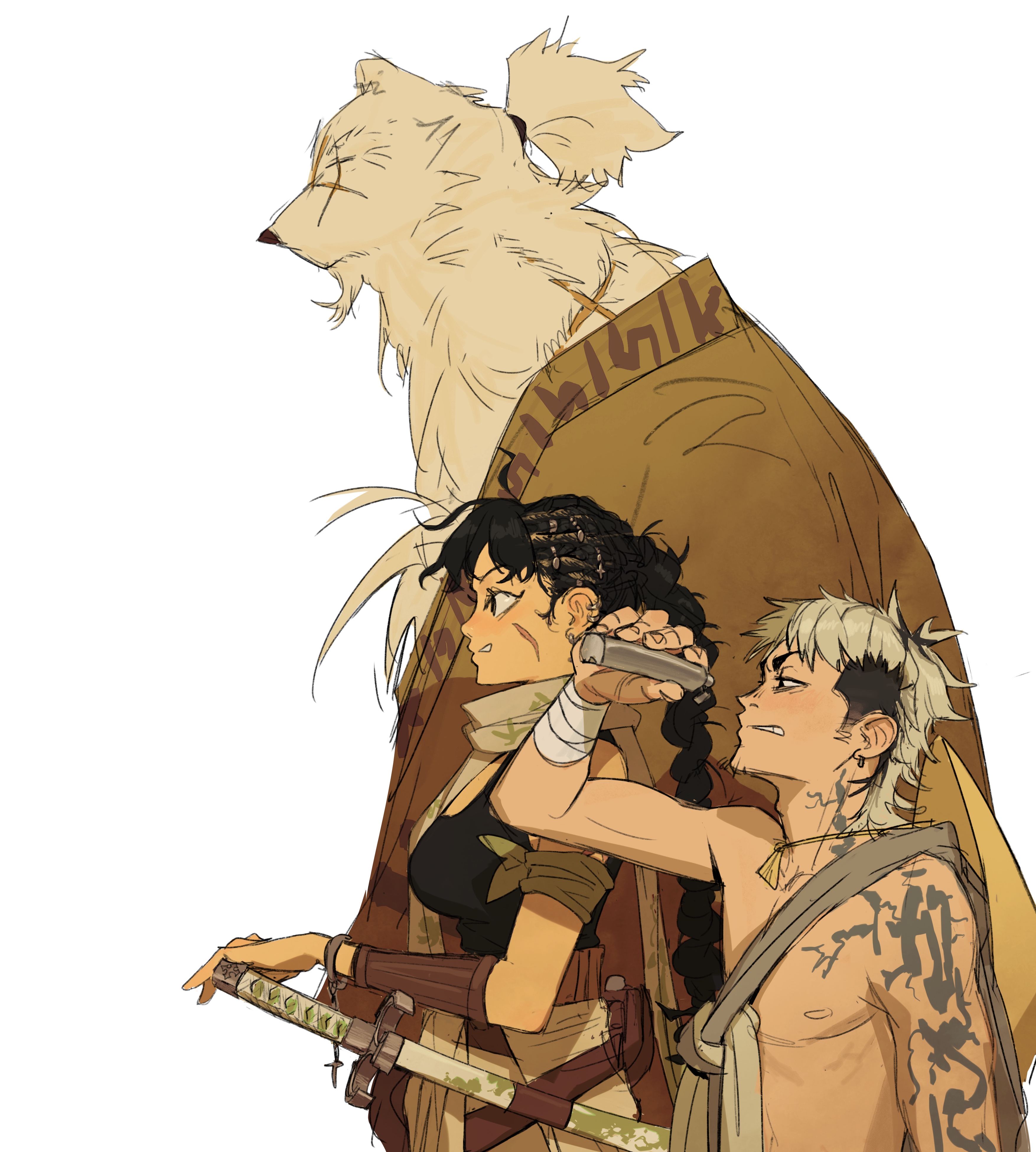the illustration depicts three characters in a dynamic pose, set against a white background.  a central female warrior, with dark hair styled in braids and adorned with bandages on her arms, holds a katana and a small cylindrical object. she is dressed in earthy tones and appears strong and focused. to her right, a male character with short, light hair and numerous tattoos stands slightly behind her, seeming somewhat nonchalant, with a bare chest and light cloth around his waist.  behind them, a large, doglike creature with light fur and a cloak is visible, acting as a backdrop to the scene.  the art style is reminiscent of manga or anime, with a focus on stylized character design and dynamic composition.  the overall mood suggests an adventurous or perhaps postapocalyptic setting.