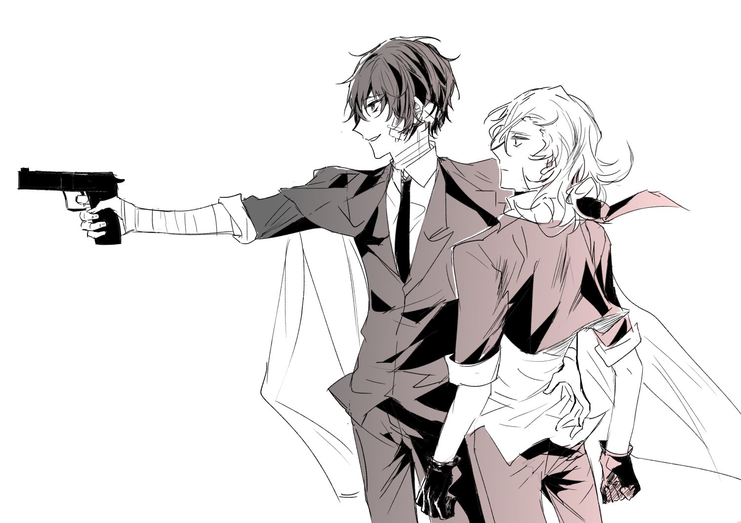 a sketch of two men, one in a suit and tie and the other in a white shirt and dark pants, standing together. the man in the suit is holding a gun. the men are drawn in a black and white style and have a very soft and subtle look, suggesting a very close relationship.