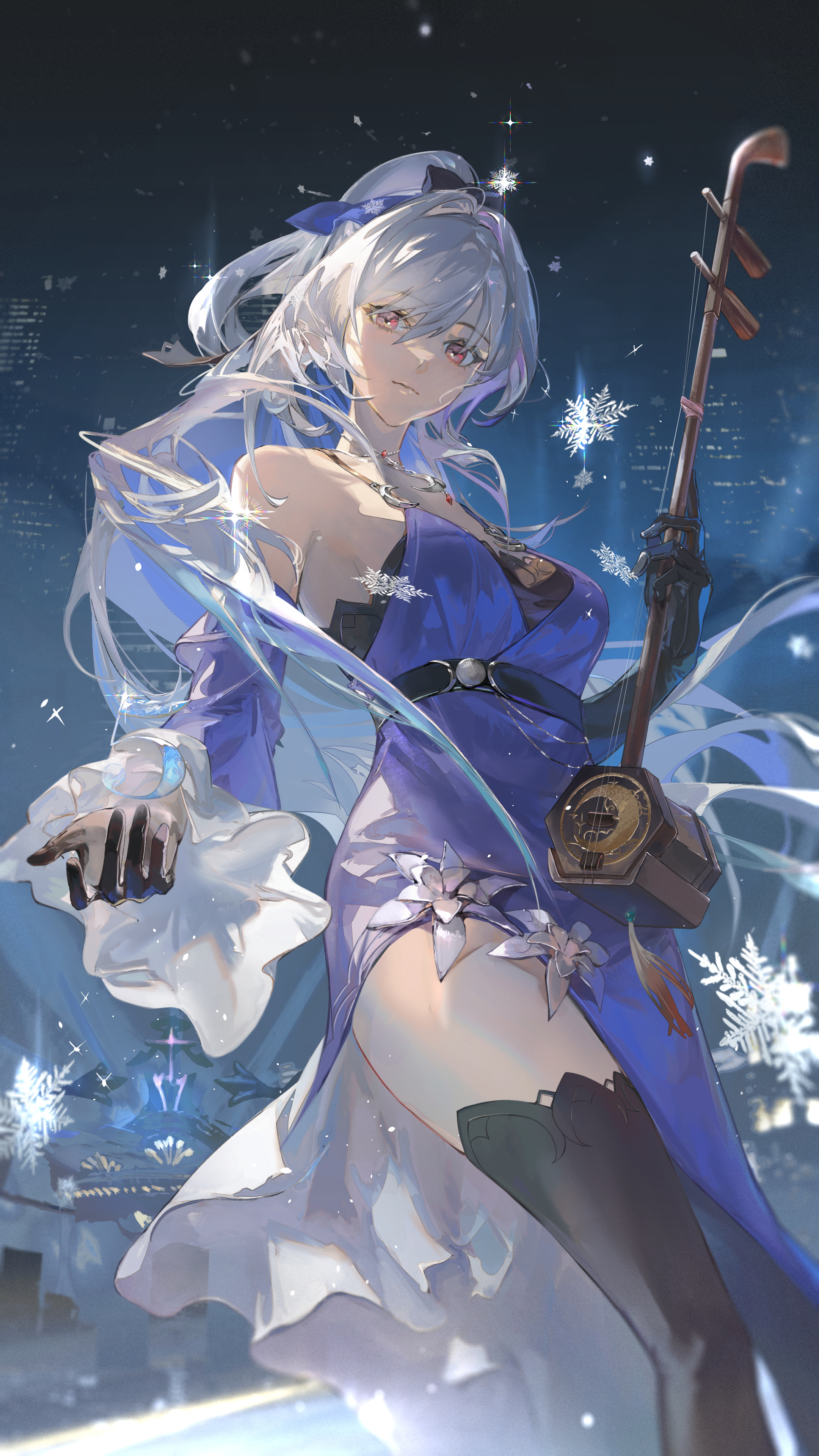 the image shows a beautiful animestyle woman with long white hair, wearing a flowing purple dress with ruffles and white accents.  she is holding a traditional chinese erhu (a twostringed bowed musical instrument). snowflakes fall around her, and the background is a dark cityscape at night.  she has red eyes and a serene expression. the overall style is ethereal and captivating.