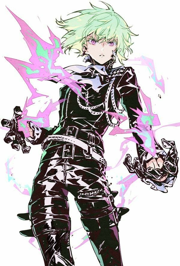 the image is a dynamic and stylized illustration of an animestyle character.  the character has vibrant, light green hair, piercing purple eyes, and is wearing a black leather outfit reminiscent of cyberpunk or punk fashion, complete with studded belts and accessories.  they are depicted in an action pose, seemingly manipulating or generating bright pink and teal electrical energy emanating from their hands. the art style is bold and expressive, with sharp lines and strong contrasts between light and dark areas. the overall atmosphere is energetic and intense.