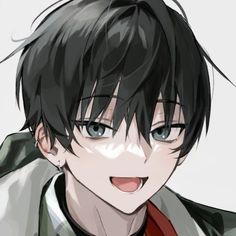 the image is a digital illustration of an animestyle boy. he has messy black hair with short bangs covering his forehead. his striking blue eyes have a mischievous glint, and a slight smirk plays on his lips. he is wearing a darkcolored outfit with a hint of red at the collar. the background is a simple offwhite, keeping the focus on the character's expression. the overall style is clean and detailed, with soft lighting highlighting the boy's features.