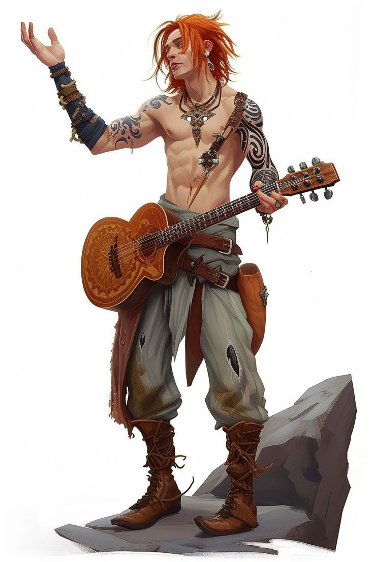 a shirtless, muscular, redhead male bard with tattoos, arm bands, and ripped pants stands upon a rock, playing a guitar. he has an earring and other jewelry.