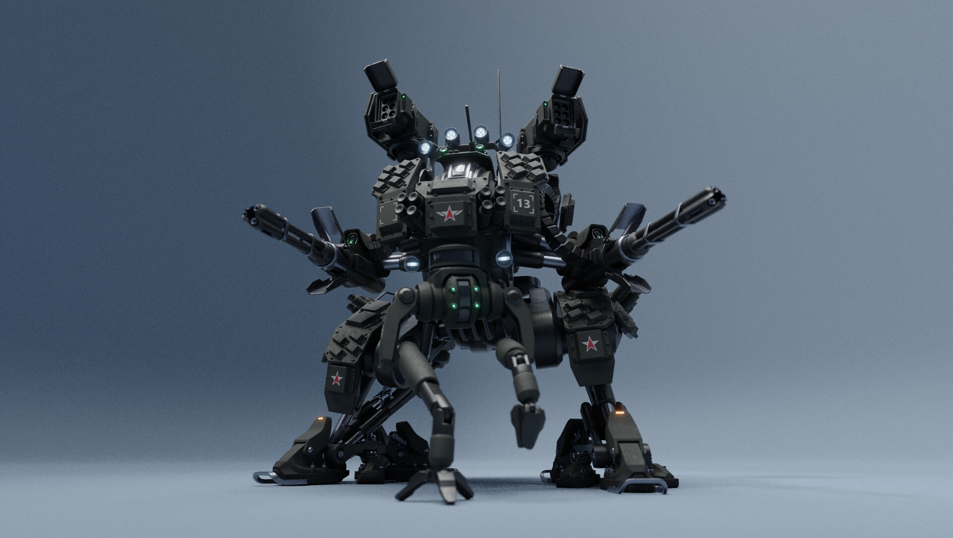 a 3d rendered image of a robot or mech, standing on a gray background. the robot is black and green, with a variety of weapons. it has a futuristic design and is poised for battle. the image is rendered in high detail.