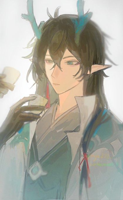 he image is a digital painting or illustration of a young animestyle male character. he has long, dark hair, green eyes, and pointed elflike ears.  he's adorned with what appear to be blue deer antlers on his head. he's dressed in flowing, lightcolored traditionallooking clothing, possibly a robe or kimono. the style is painterly and soft, with a muted color palette and a focus on creating an ethereal and peaceful atmosphere. the character is holding a small cup, perhaps containing tea.  the overall impression is one of fantasy or mystical elements within a graceful and elegant presentation.