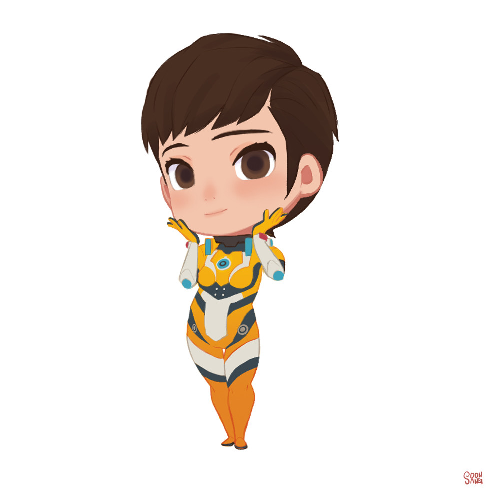 a chibistyle illustration of the overwatch character tracer. she is depicted in her signature orange and yellow jumpsuit with large, expressive eyes and a playful pose. the background is plain white, keeping the focus on the character.