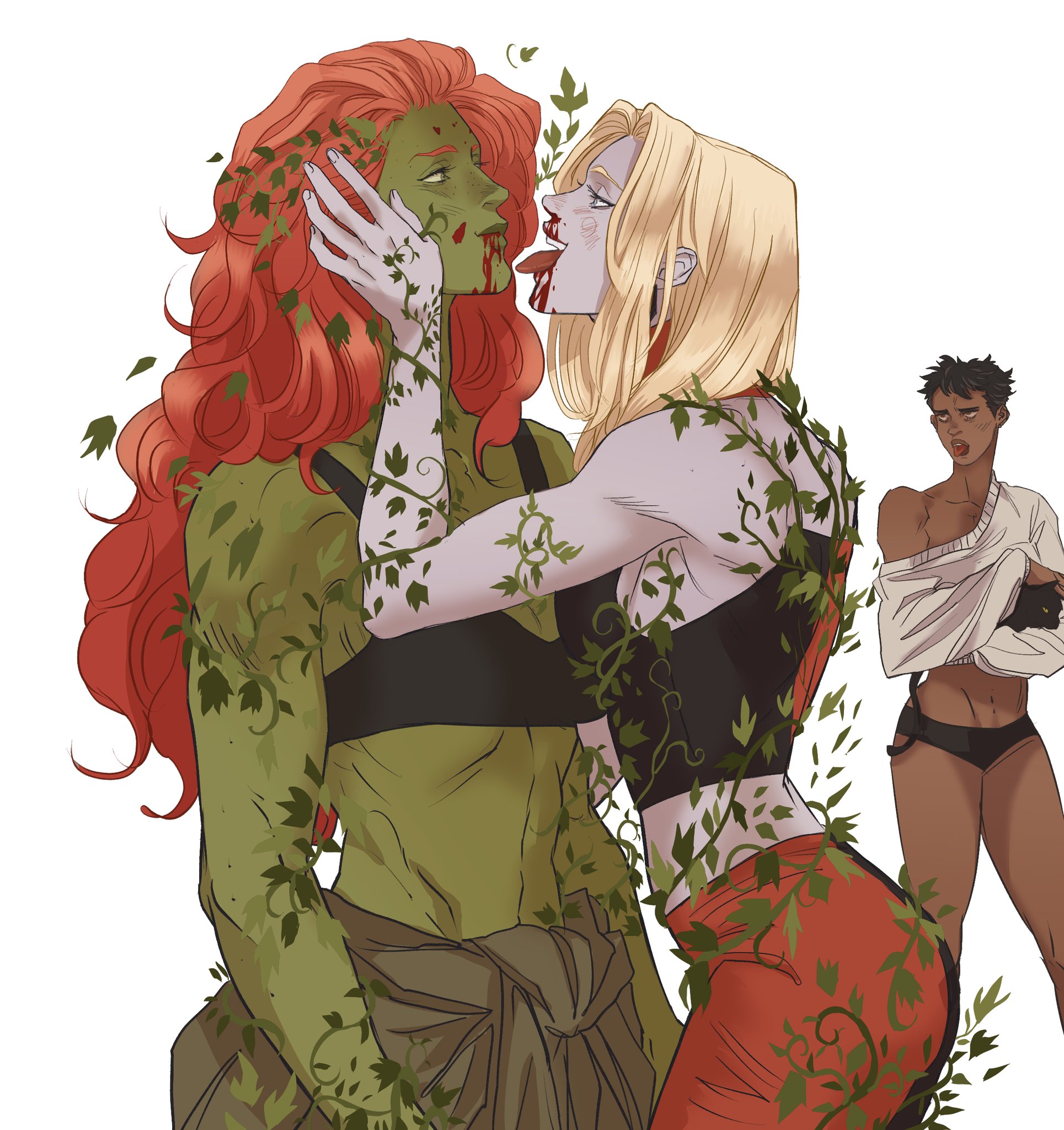 a drawing depicts poison ivy and harley quinn, two female characters from dc comics, in a romantic and intimate moment. ivy, with her signature green skin, is shown with red hair and is covered in leafy vines. harley, characterized by her blond hair, is also entwined with vines. they are locked in a kiss, and there's a visual element suggesting blood or a similar substance near their mouths, possibly hinting at the darker themes often associated with these characters. in the background, there's a man with a displeased or irritated expression, adding a contrasting element to the romantic scene between the two women.