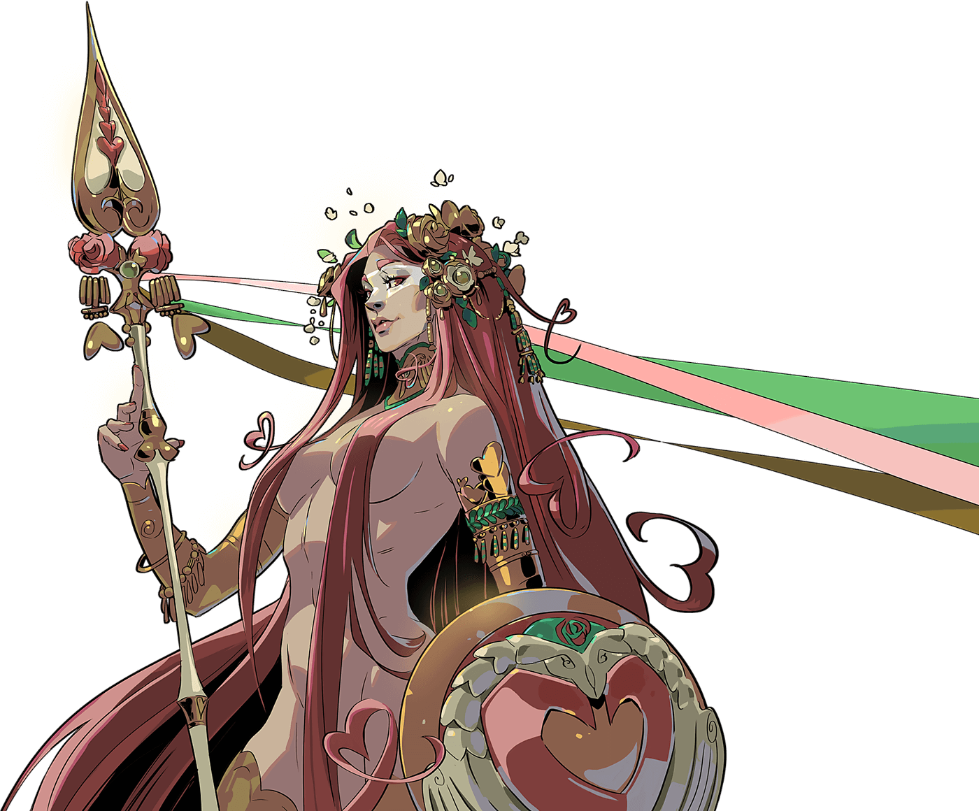 a digital illustration of a woman with long pink hair wearing a crown of roses and holding a golden spear with a heartshaped top. she is wearing jewelry around her wrists and neck. she is holding a round shield with a heart shape in the center, and she is standing in front of a white background with pink and green ribbons.