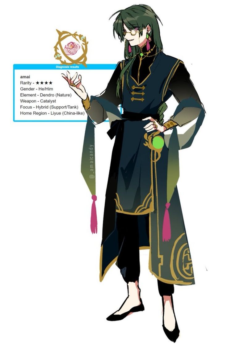 the image showcases a digital fanart of an original animestyle male character named "amai."  the character design is heavily inspired by genshin impact's art style and aesthetics, particularly reflecting elements of the liyue region. he is depicted in an elegant, traditional chineseinspired robe with gold detailing, green hair, and glasses. a detailed character sheet provides information on his rarity, gender, element (dendro), weapon (catalyst), playstyle (hybrid support/tank), and home region (liyue).  the overall aesthetic is sophisticated and visually appealing, utilizing a vibrant color palette and clean lines. the artwork is likely fanmade, based on the style and presence of the artist's watermark.