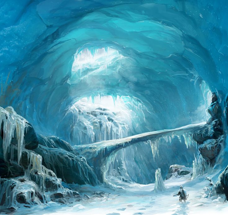a vast ice cave with a bridge crossing over a snowy chasm. icicles hang from the cave ceiling and the bridge. an adventurer stands in the snow near the entrance of the cave. the scene is dominated by shades of blue and white, creating a cold, wintery atmosphere. sunlight pierces through openings in the cave roof.