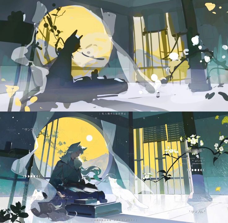 a split image shows two slightly different illustrations. the top illustration is an abstracted version, featuring silhouettes and a prominent, stylized moon, while the bottom is a more detailed version showing an animestyle character with fox ears sitting near a window, accompanied by a white fox, and with books and plants in the room.