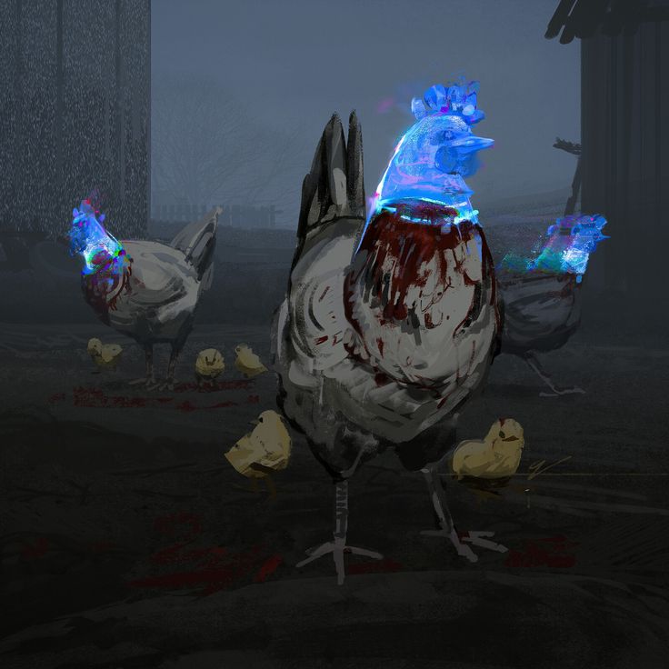a digitally painted image of a chicken with a blue and glowing halo in the middle of a farm yard. the chicken is surrounded by little chicks. there is another chicken in the background. there is a barn in the background as well.
