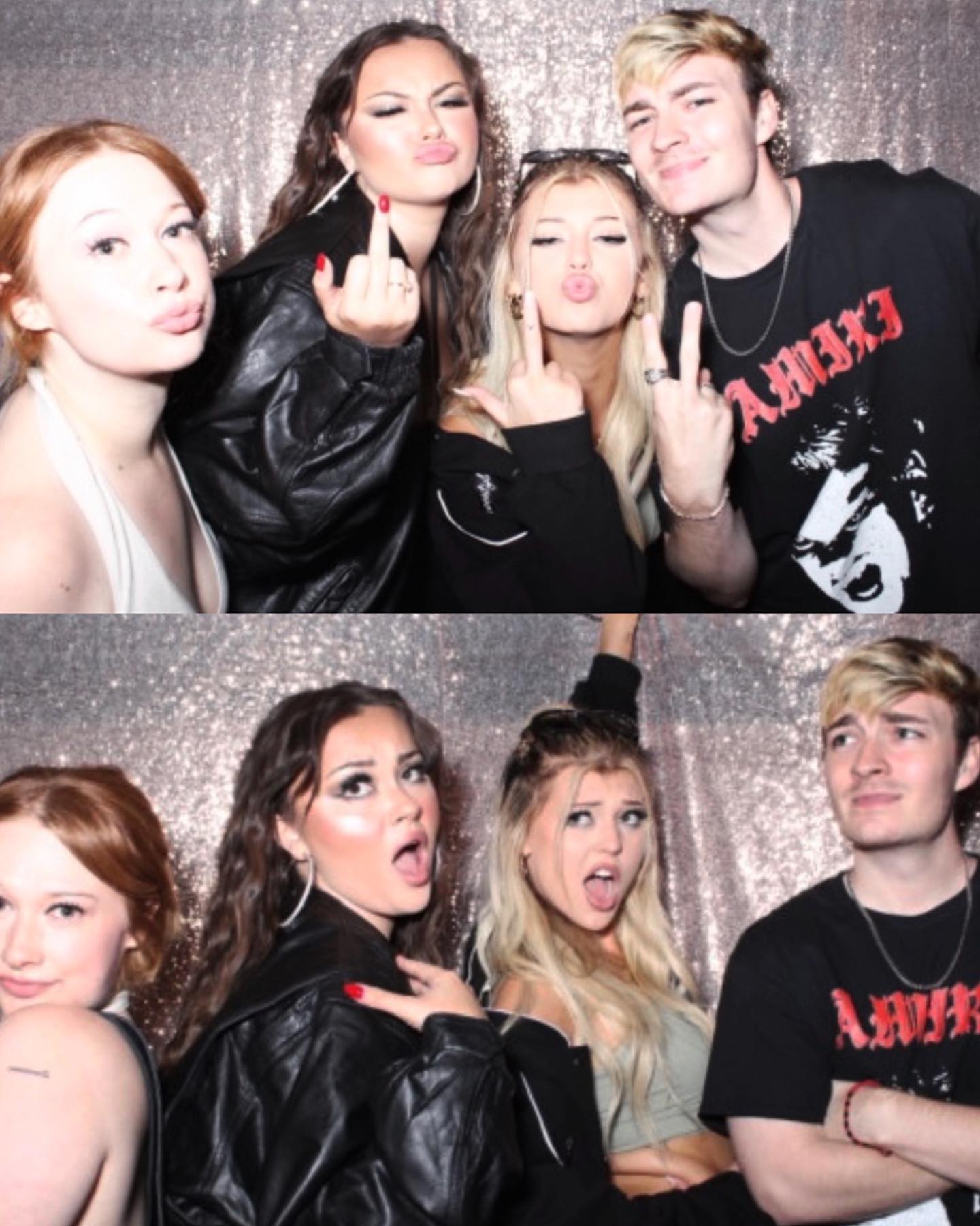 the image contains two photo booth strips. the top strip shows a group of three women and one man posing and gesturing with their middle fingers raised. the women are making kissy faces and the man is looking at the camera. the bottom strip shows the same group of people, but with different facial expressions. the women are all making surprised faces, and the man is looking off to the side. they are standing against a glittery background.
